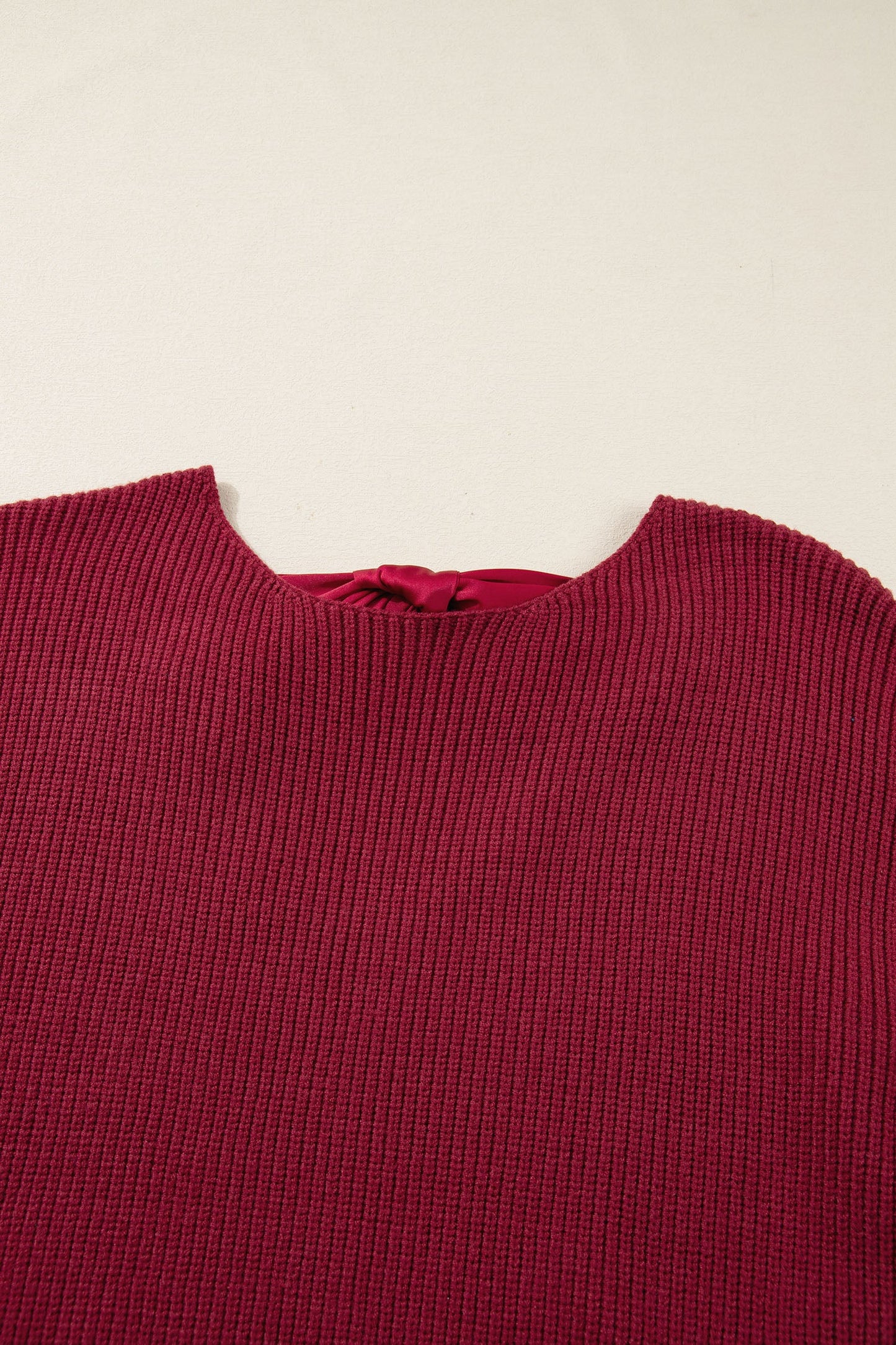 Ribbed Knit Ribbon Knot Backless Drop Shoulder Sweater