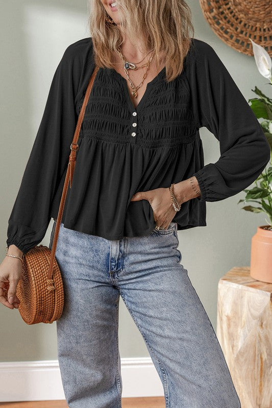 Smocked Split V-Neck Buttoned Blouse Solid