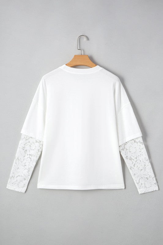 Lace Insert Long Sleeve Drop Shoulder Tee