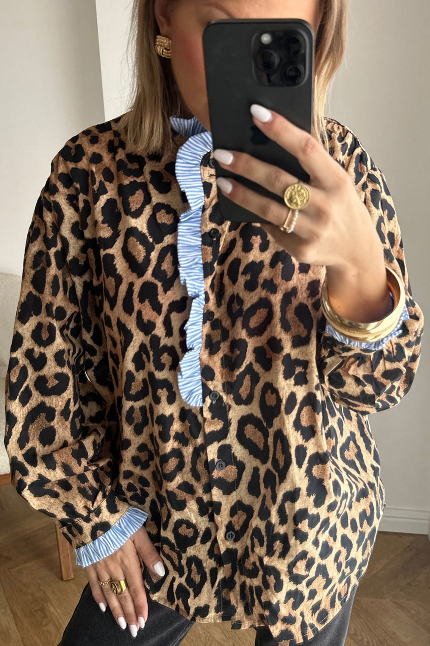 Brown Wild Leopard Print Contrast Striped Frilled Trim Shirt