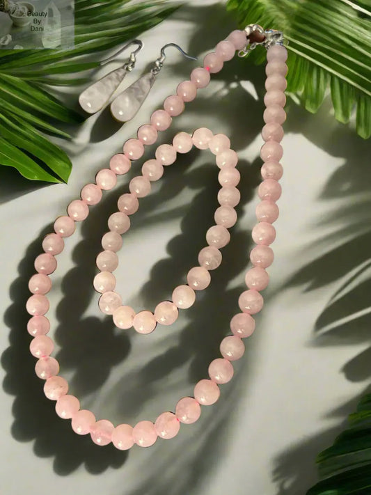 Rose Quartz Beaded Necklace Bracelet and Earring Set
