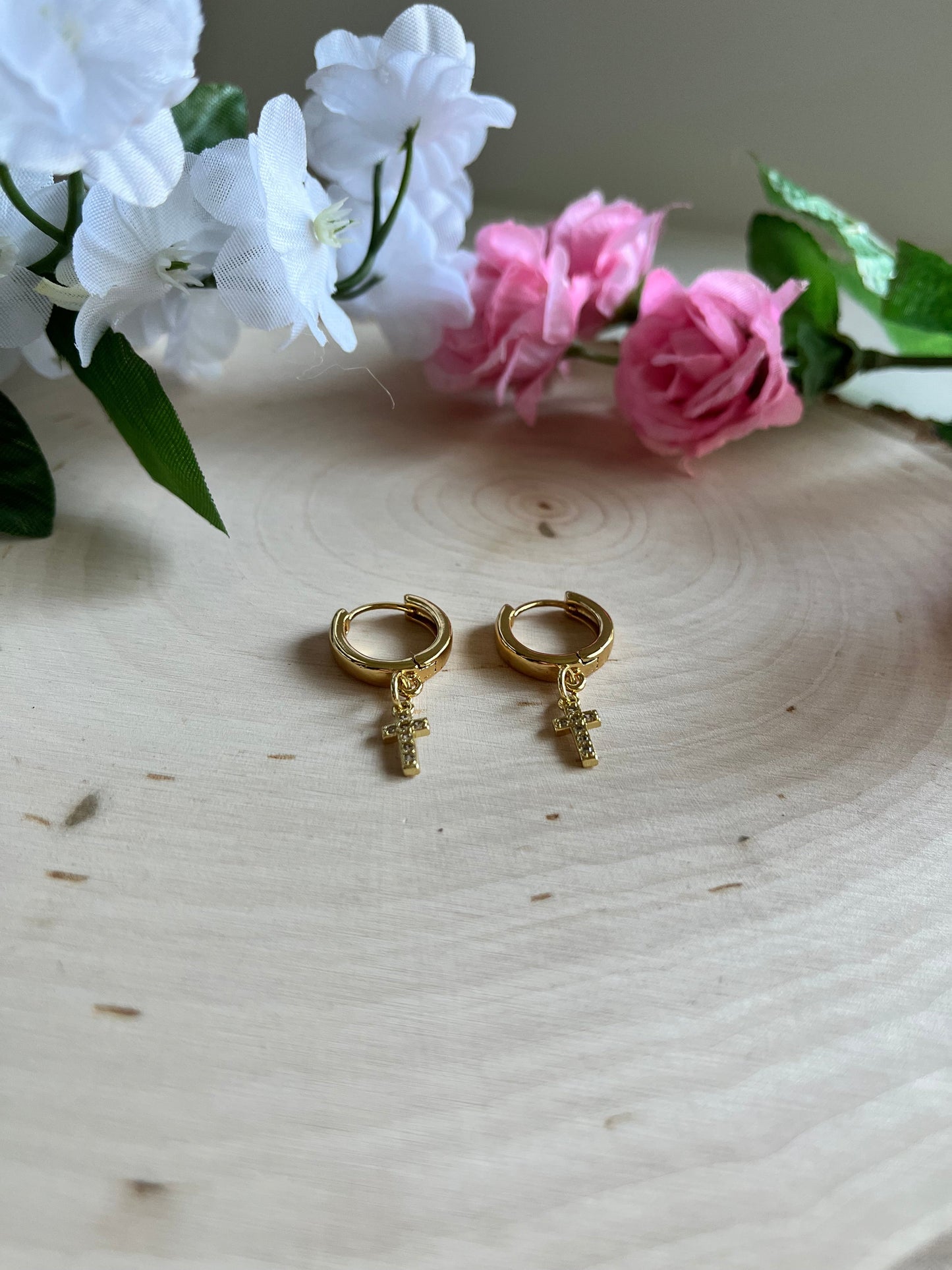 Gold Cross 18K Huggie Earrings Christian Jewelry