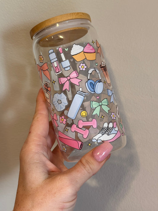 Self Care Girly 16oz Glass Cup Sawdust and Cedar