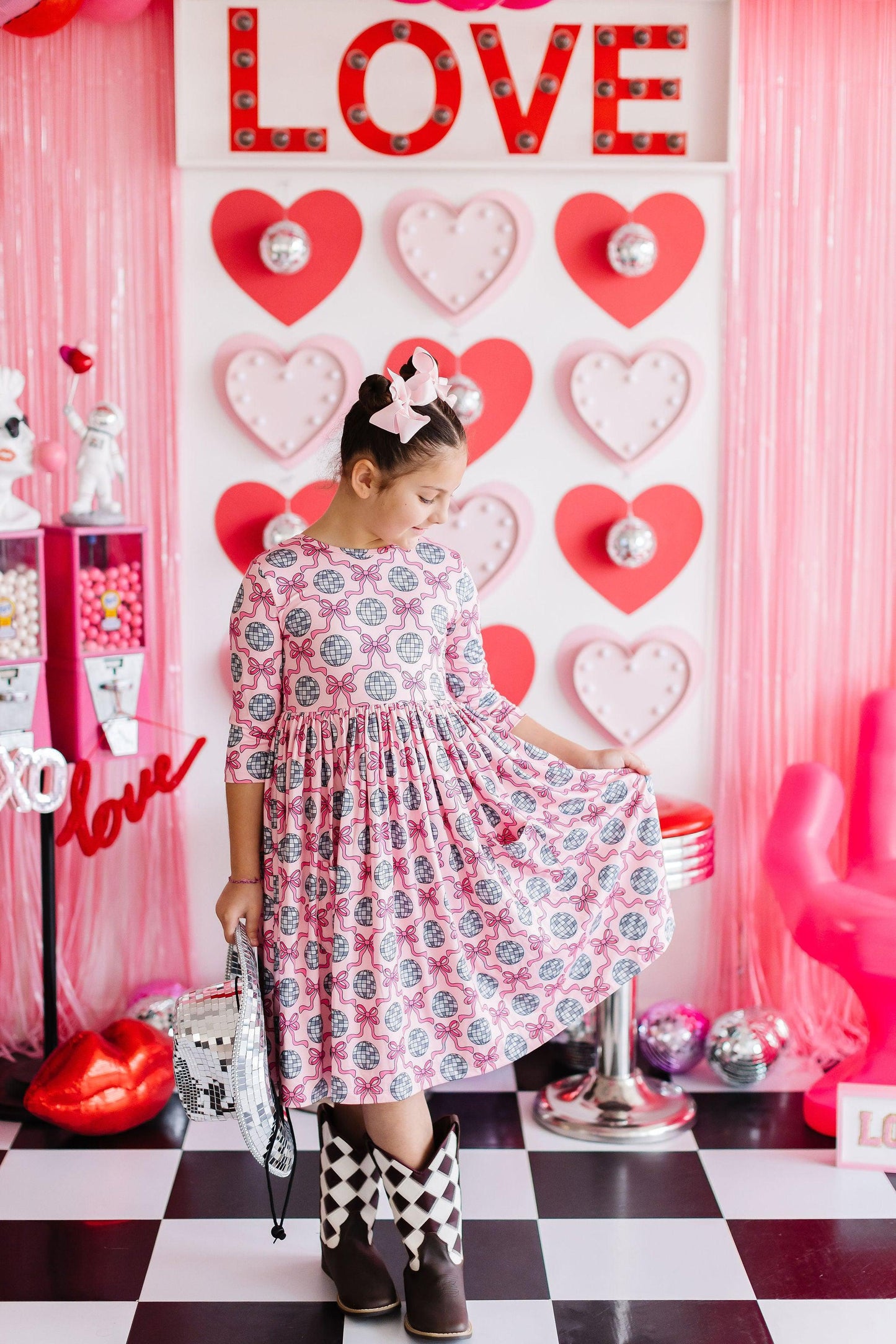 Disco Bows 3/4 Sleeve Pocket Twirl Dress Mila & Rose