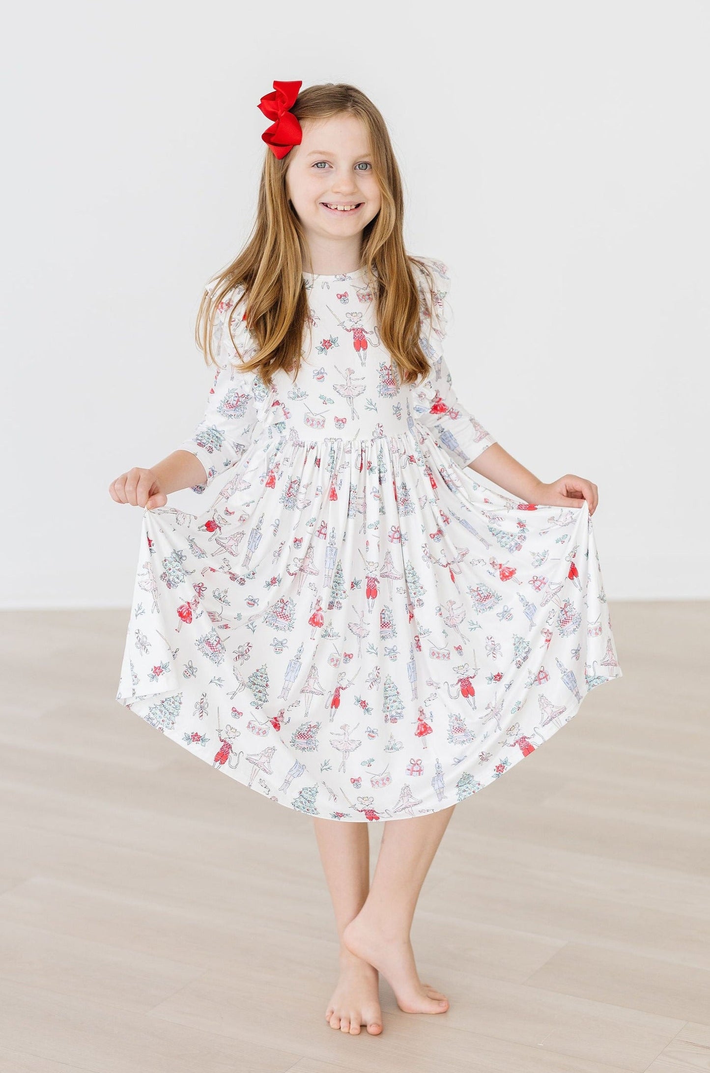 Clara's Christmas Ruffle Twirl Dress 3/4 Sleeve Mila & Rose