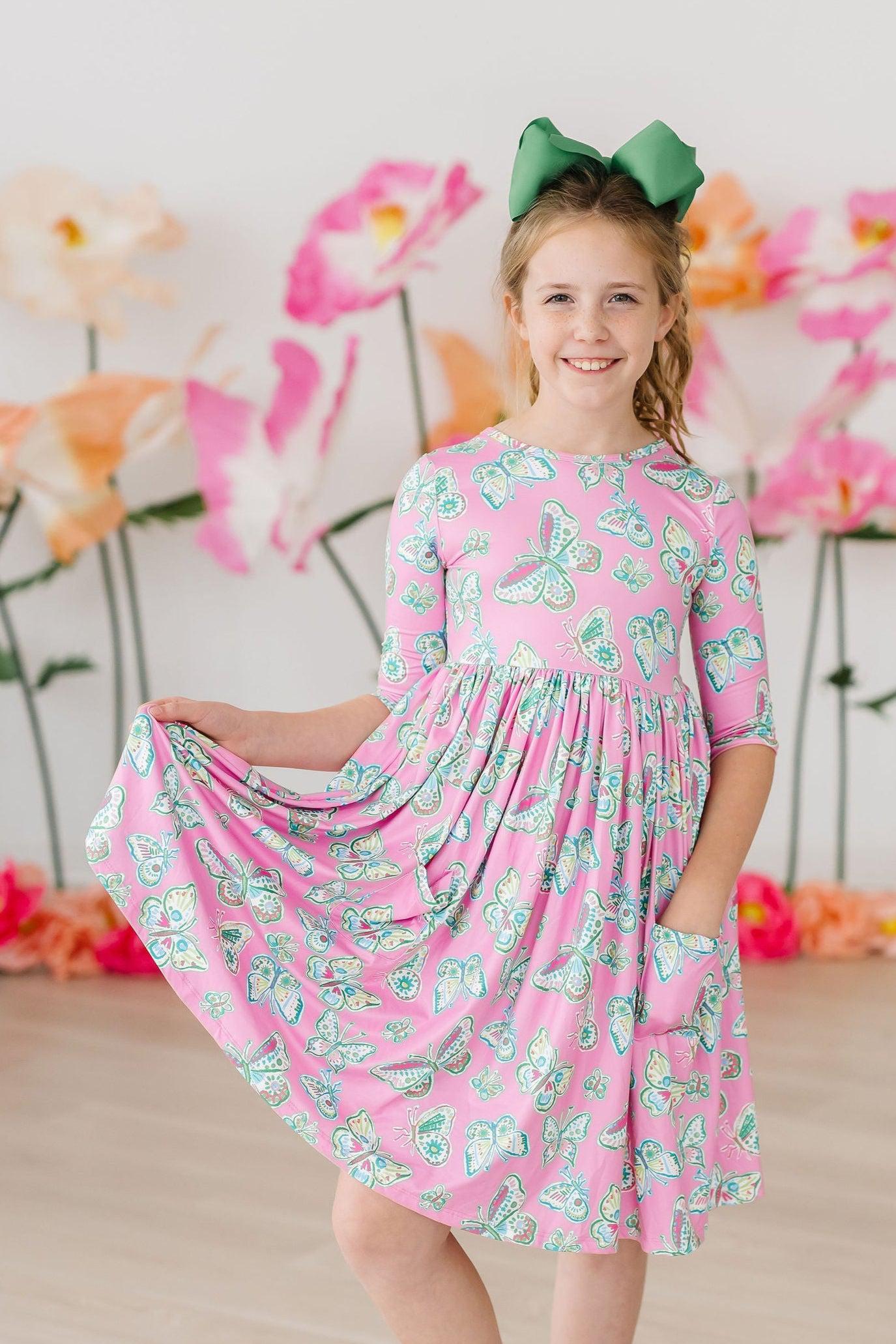 Butterfly Garden 3/4 Sleeve Twirl Dress with Pocket Mila & Rose