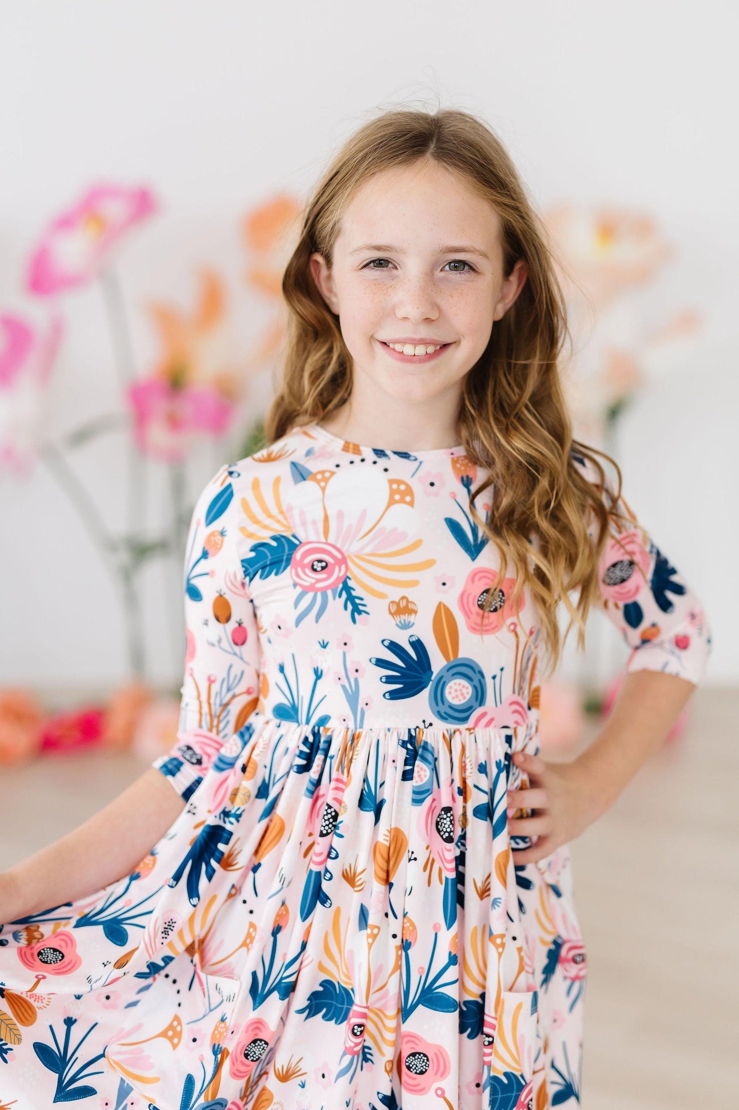Blush Peony 3/4 Sleeve Pocket Twirl Dress Mila & Rose