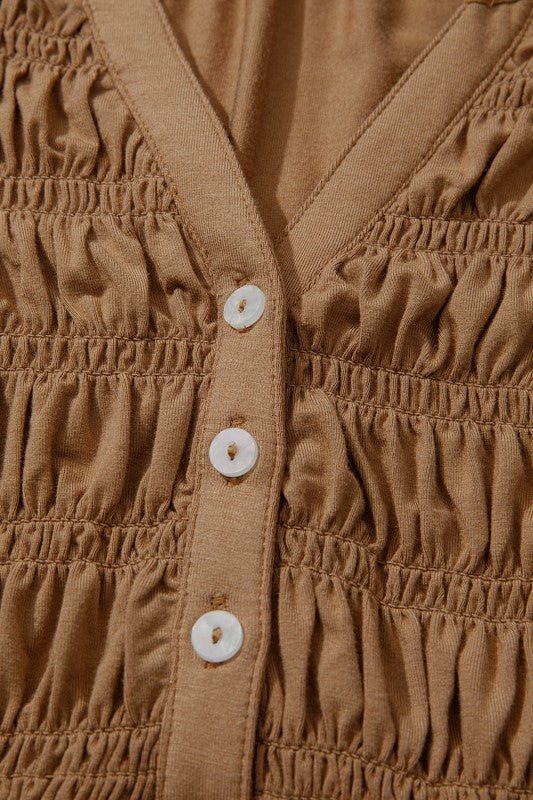 Smocked Split V-Neck Buttoned Blouse Solid