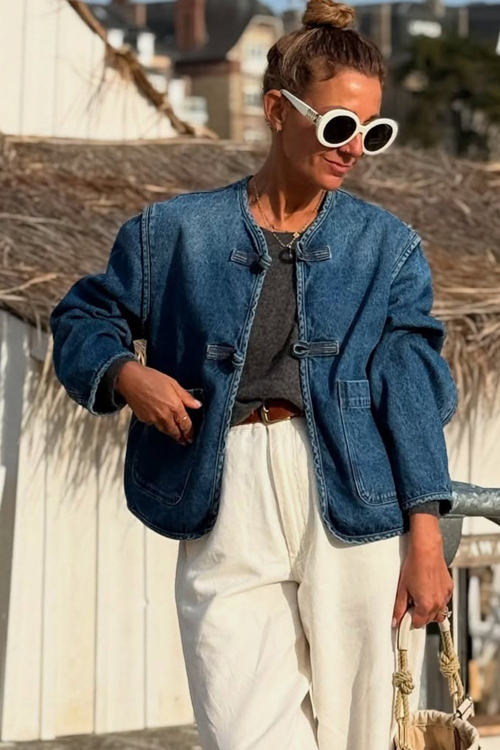 Vintage Fastening Big Patched Pockets Straight Cut Deep Wash Denim Jacket