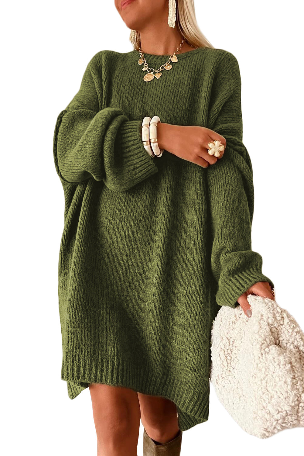 Green Oversize Drop Shoulder Sweater Dress