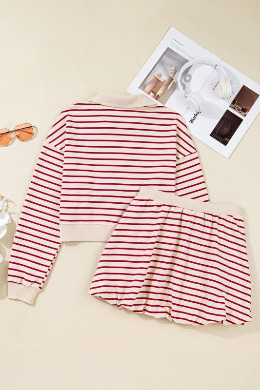Striped Cropped Pullover and Bubble Mini Skirt Set
