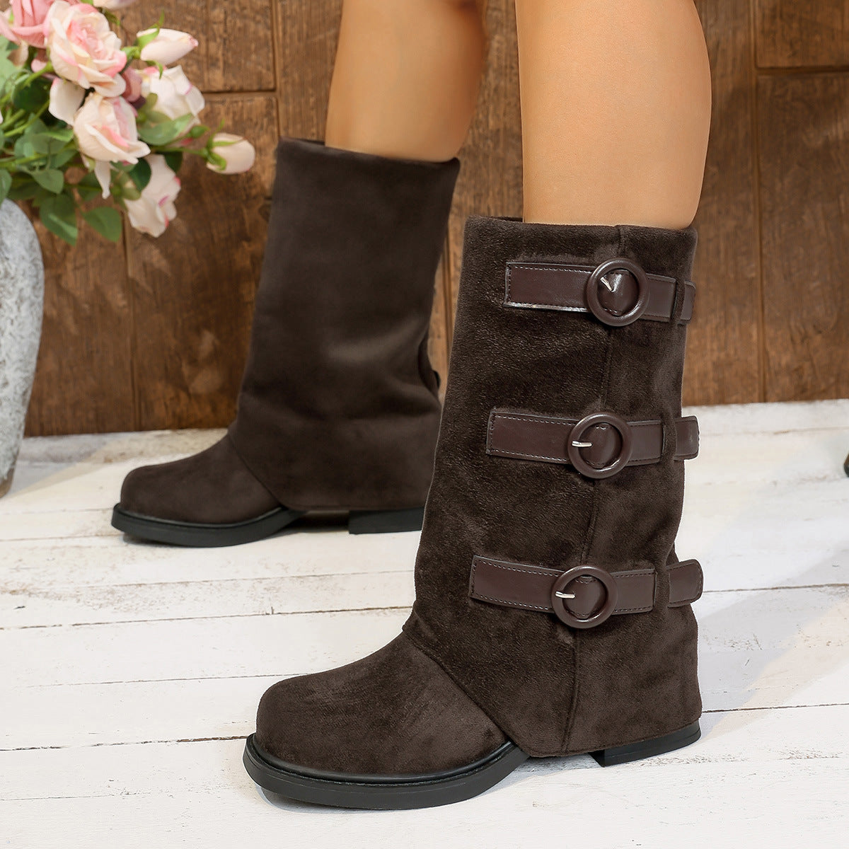Vintage Suede Belt-Buckle Slim Fit Pantyhose Boots Women’s