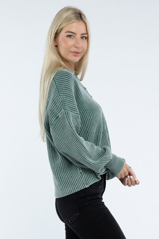 Washed Collared Henley Sweater Low Gauge Heavyweight Sweater