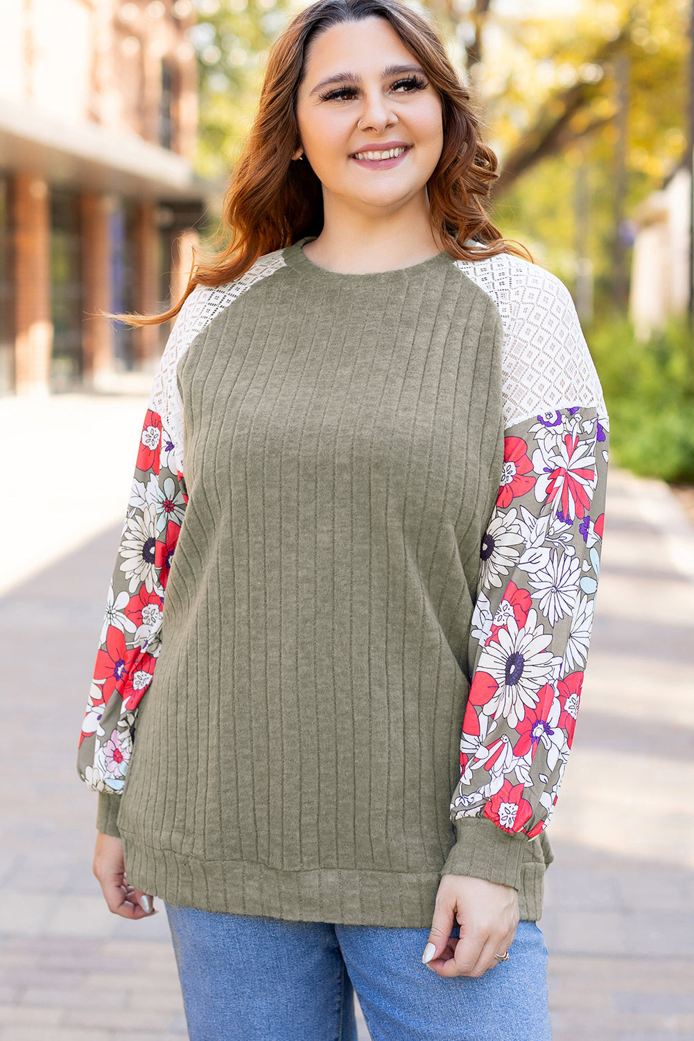 Plus Size Textured Floral Patchwork Raglan Sleeve Top Vineyard Green