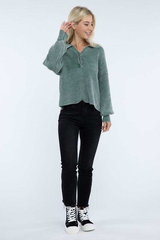 Washed Collared Henley Sweater Low Gauge Heavyweight Sweater