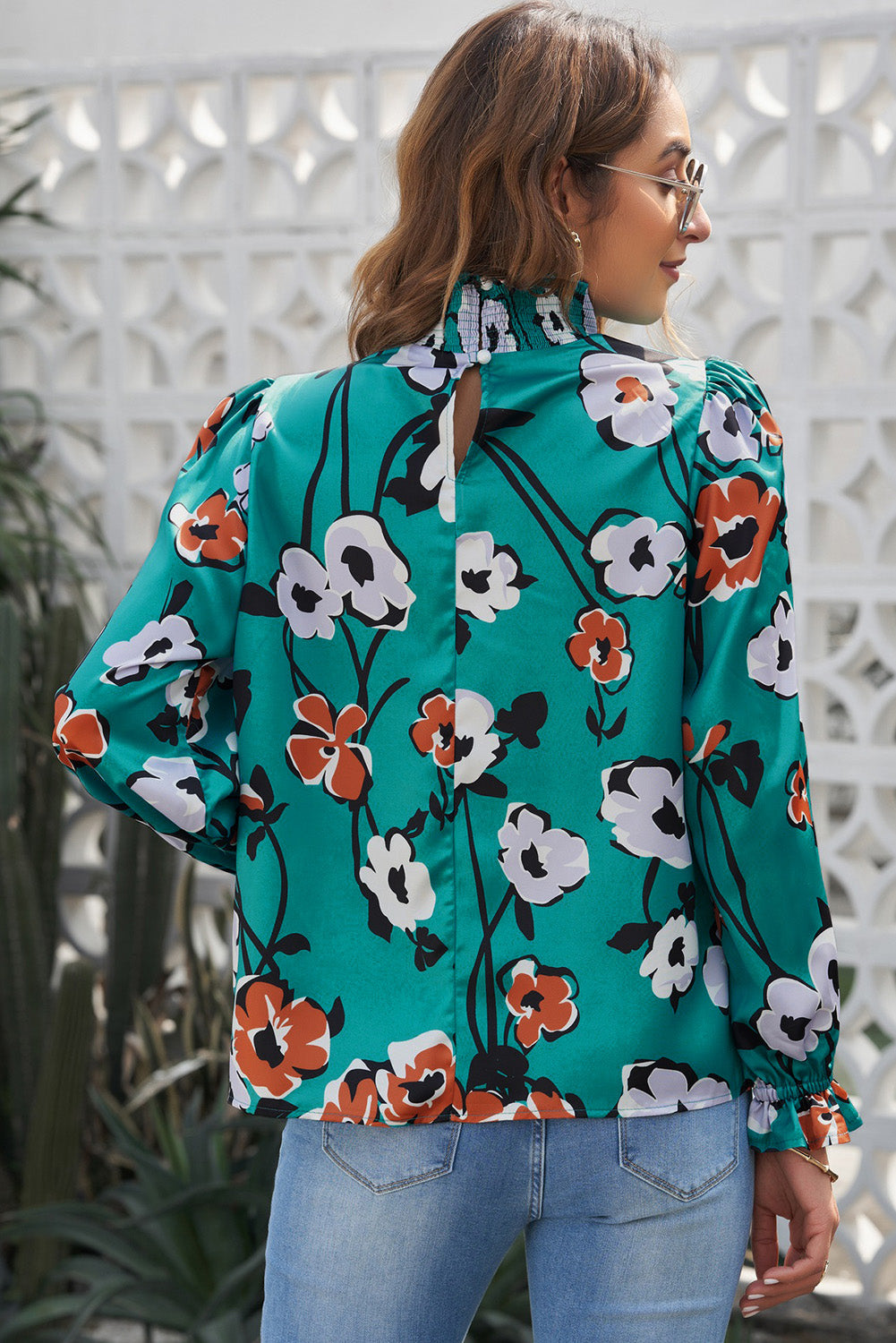 Green Floral Print Mock Neck Long Sleeve Silk Blouse