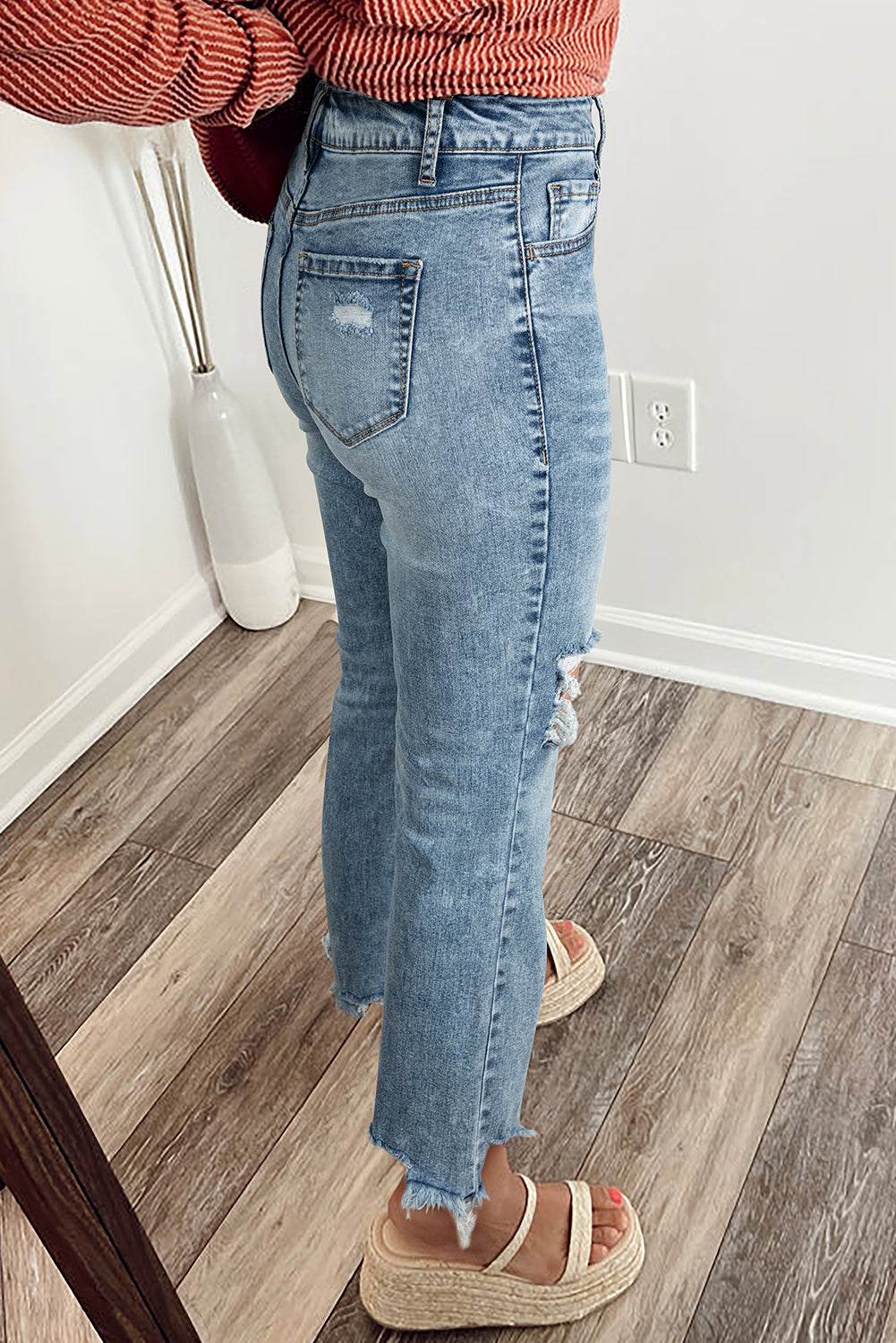 Raw Hem Ripped Open Knee Fit Flare Jeans Myosotis
