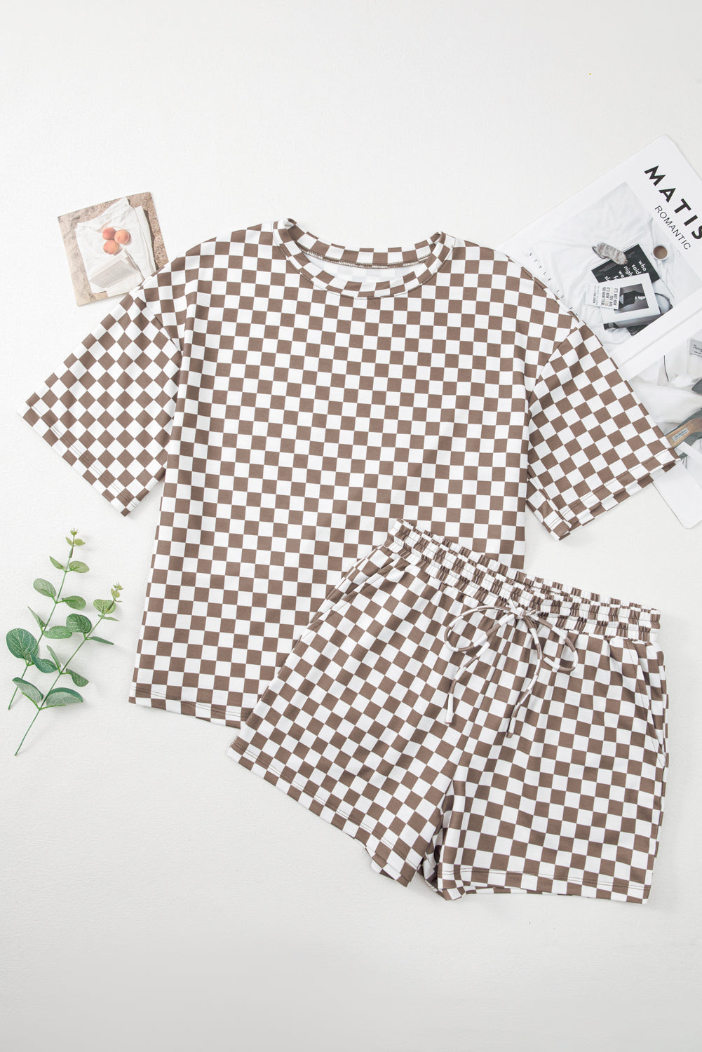 Luxury Checkered Top and Drawstring Shorts Pajama Set