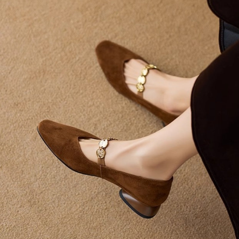 French Retro Square-Toe Suede Pumps Low-Cut Women’s Autumn Style