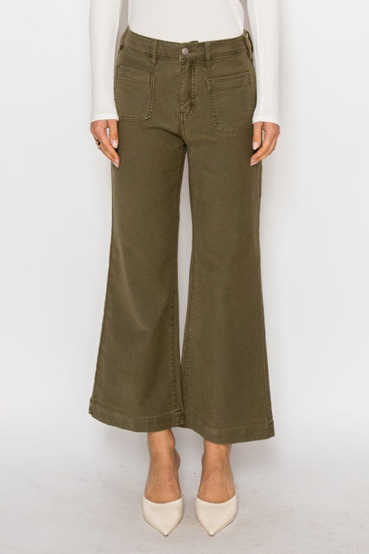 High Rise Crop Olive Color Wash Palazzo Jeans AT2113PZOV