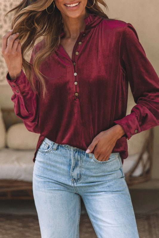 Velvet Frilled Neck Buttoned Top