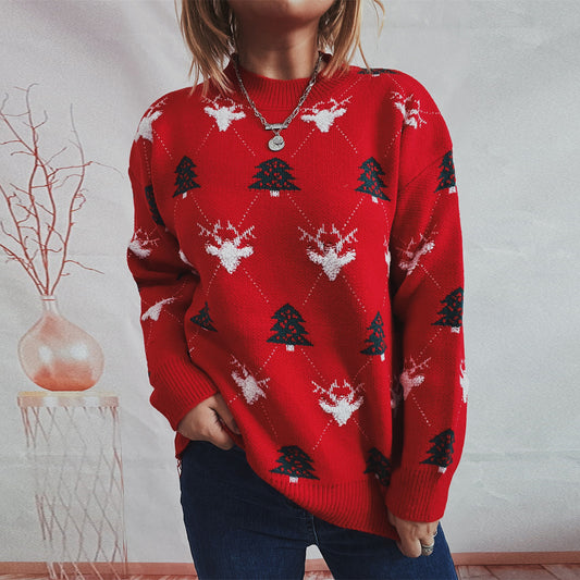 Round Neck Elk Jacquard Christmas Sweater Long Sleeve Women's Fashionable
