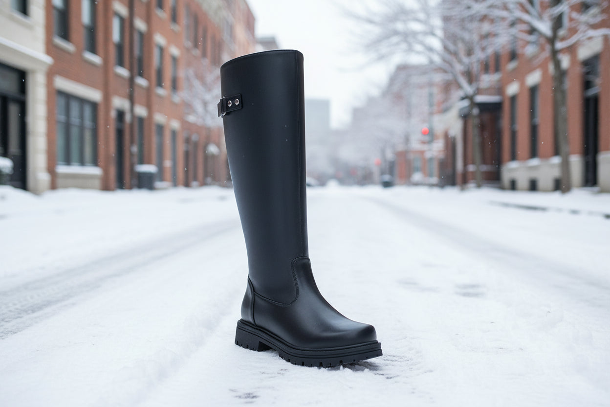 Retro British-Style Leather Belt Buckle Knee Riding Boots for Women