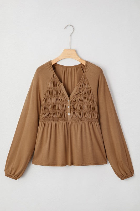 Smocked Split V-Neck Buttoned Blouse Solid