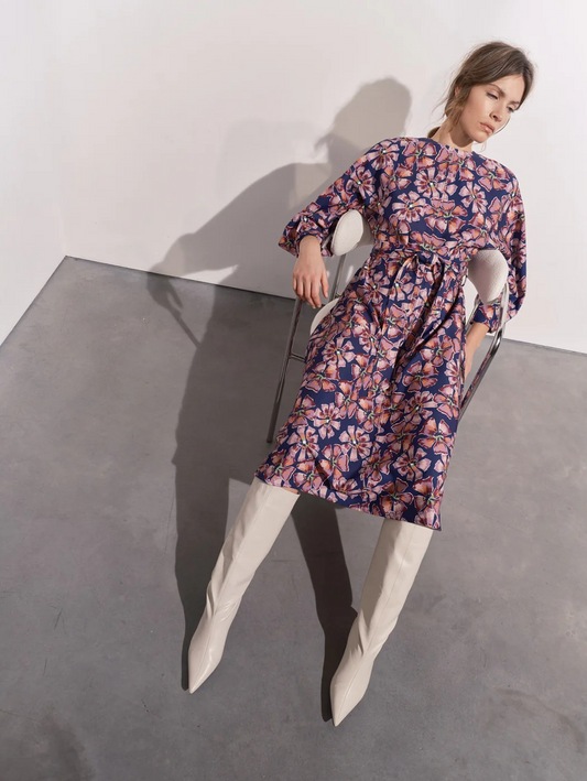 Navy & Pink Floral Dress Flowing Sleeves Full Skirt Maeve