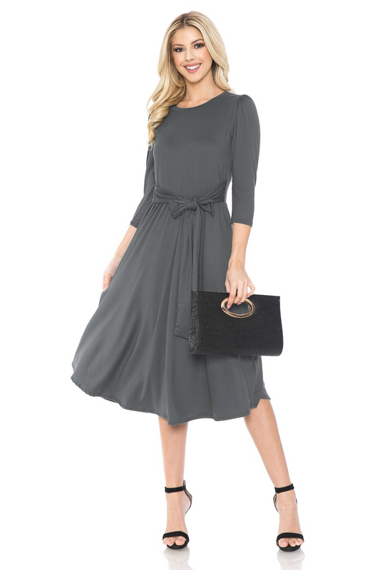 A Line Midi Dress with Shirred Shoulder A-Line Midi Dress