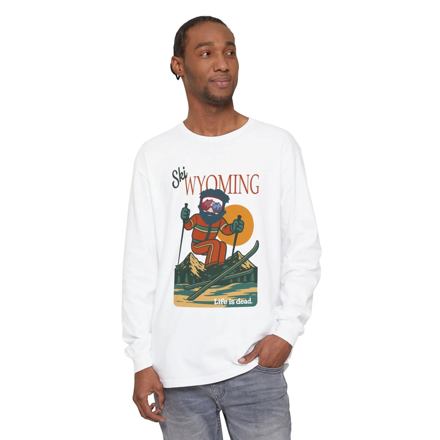 Garment-Dyed Long Sleeve T-Shirt Soft Mountain Collection Ski Wyoming