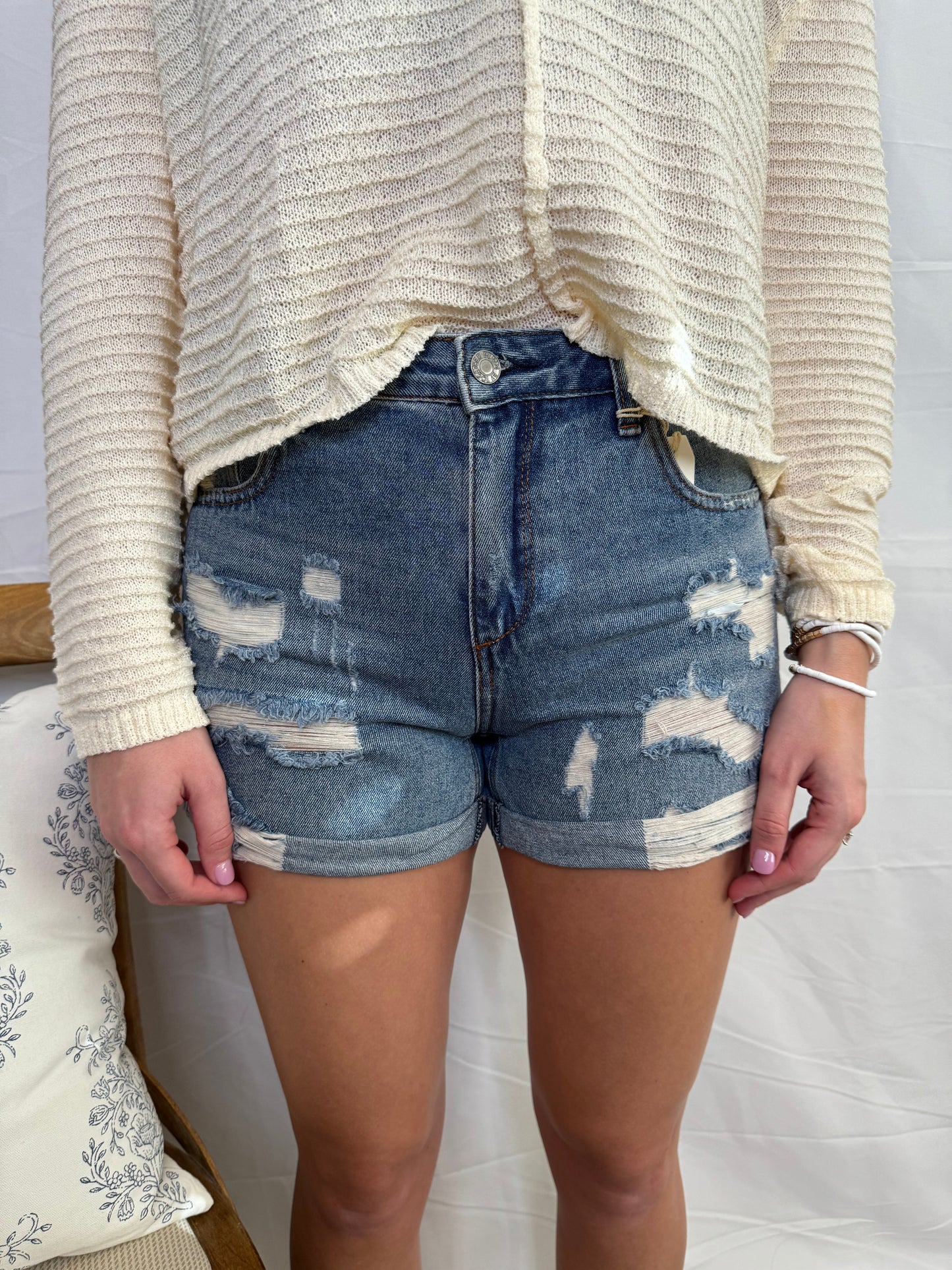 Distressed High Waisted Medium Denim Shorts