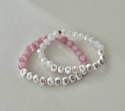 Pink Opal and White Bead I Am Loved Bracelet Christian Jewelry