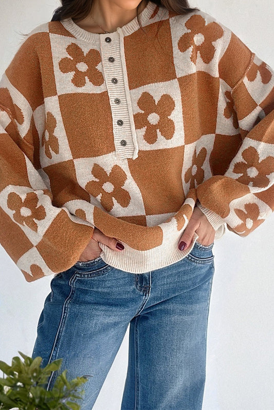 Floral Plaid Henley Baggy Sweater Knitwear