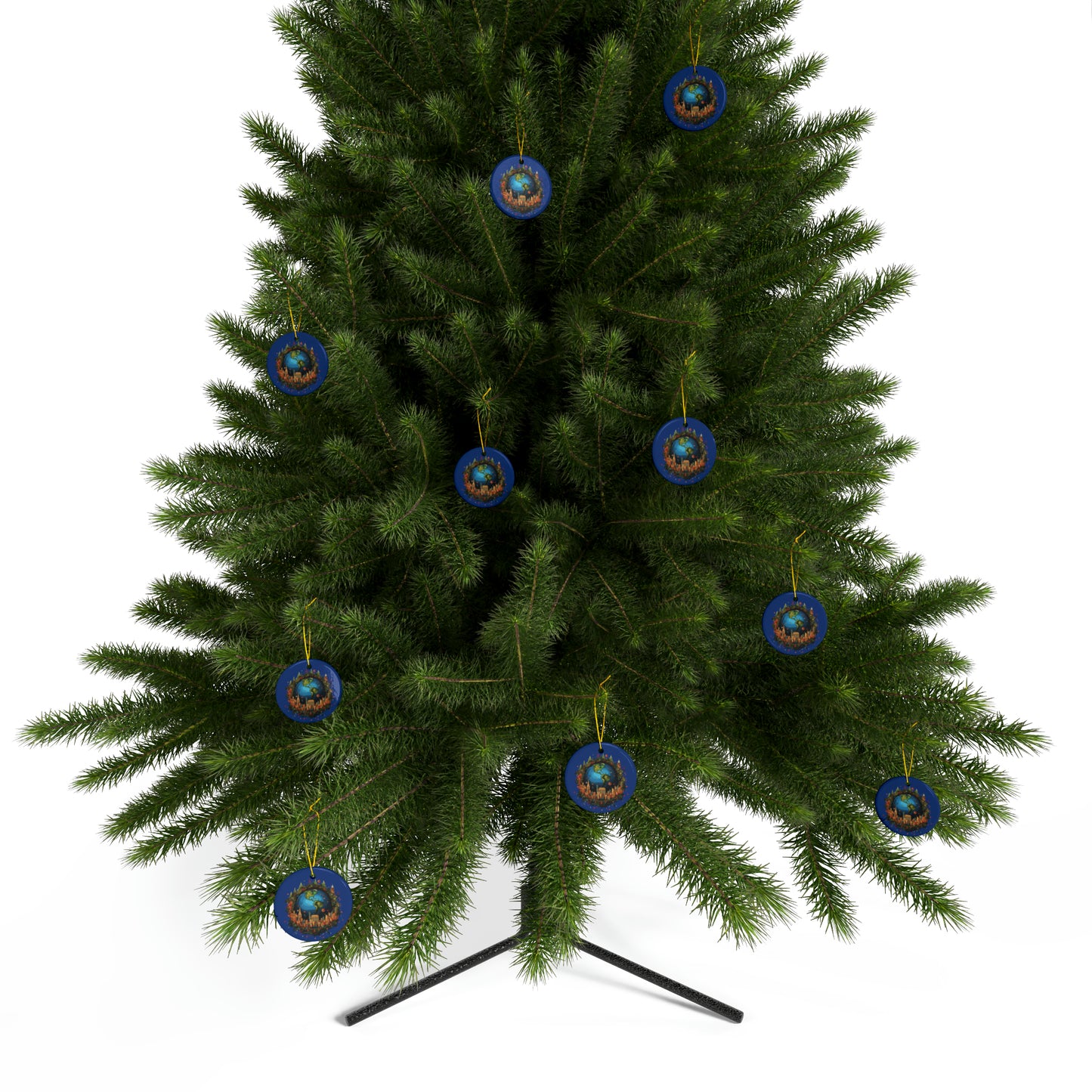 Earth in Christmas decorations and a big Christmas tree, dark blue Ceramic Ornaments (1pc, 3pcs, 5pcs, 10pcs)