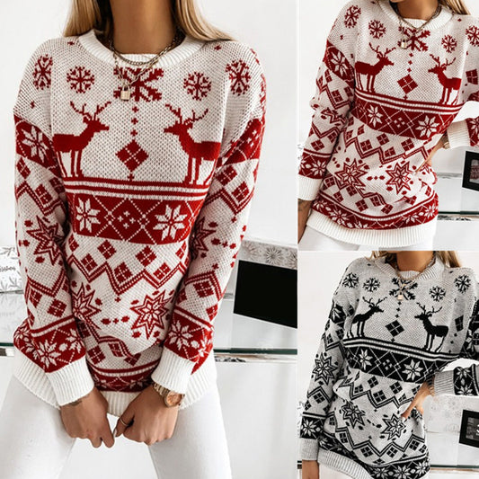 Elk Snowflake Jacquard Knitted Sweater Acrylic Casual