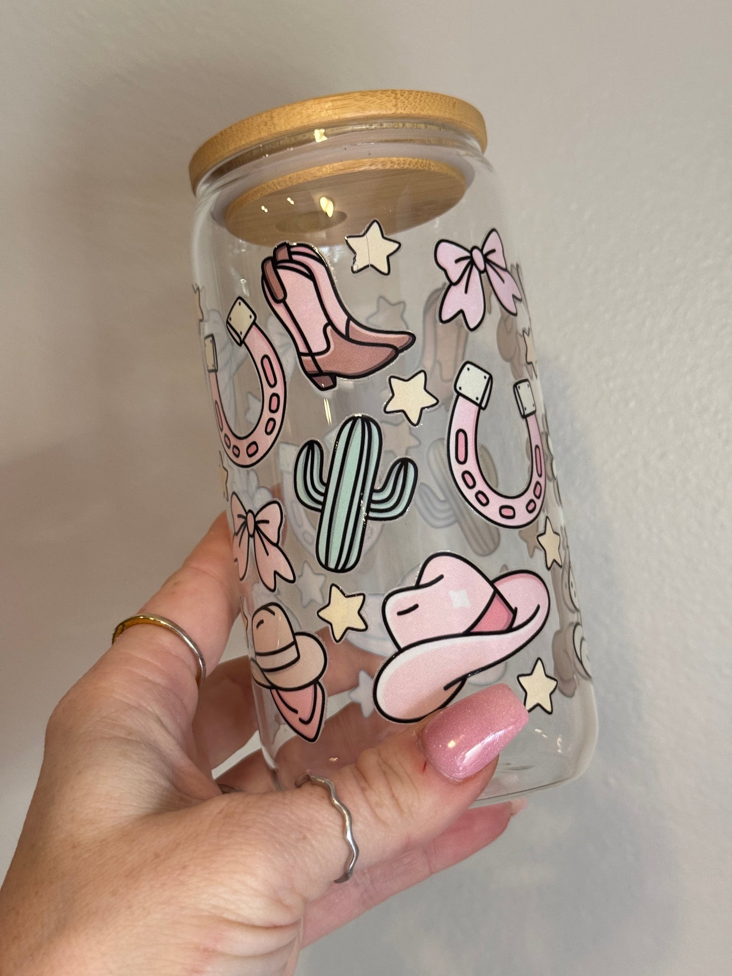 Western Girly Pastel Glass Cup Sawdust and Cedar