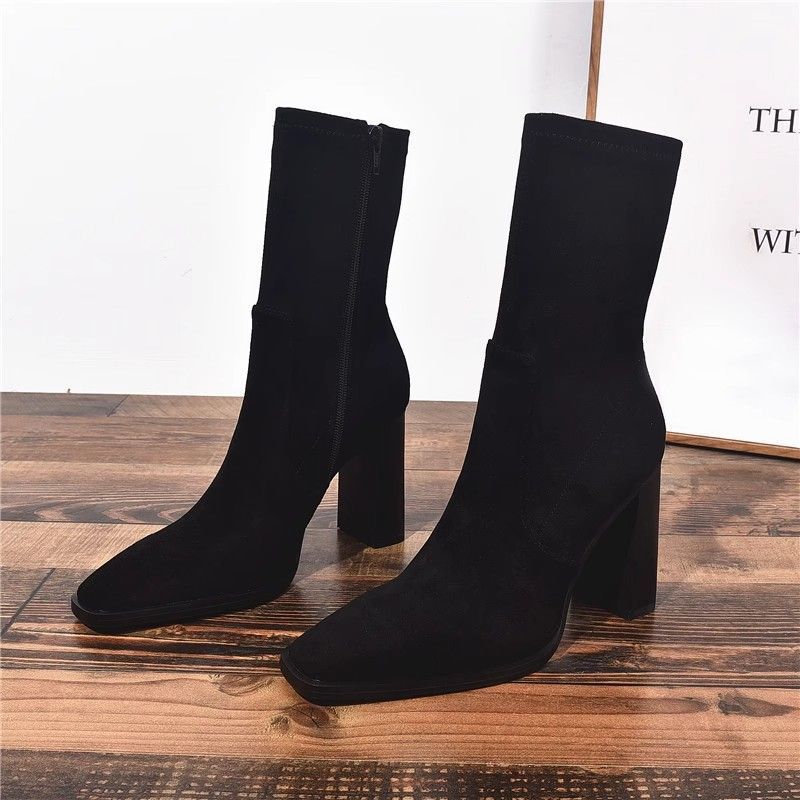 Square Toe Fleece-Lined Chunky Heel French Boots