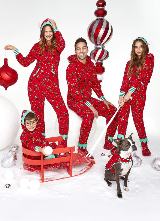 Parent-child Hooded Christmas Print Red Jumpsuit