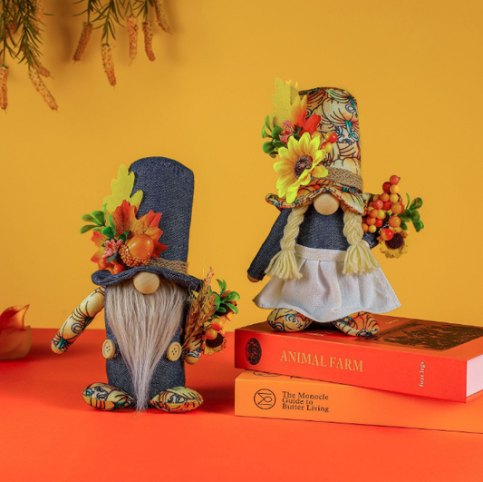Pumpkin Maple Leaf Faceless Dwarf Thanksgiving Ornament Cowboy Rudolf Doll