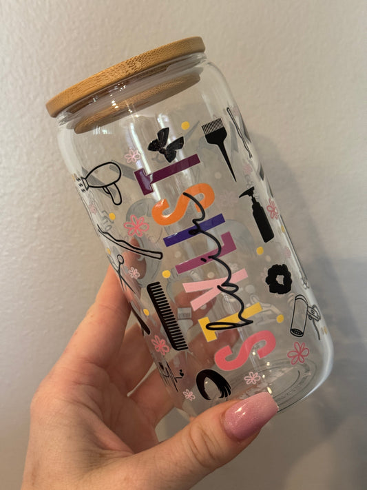 Hair Stylist Glass Cup 16oz with Bamboo Lid