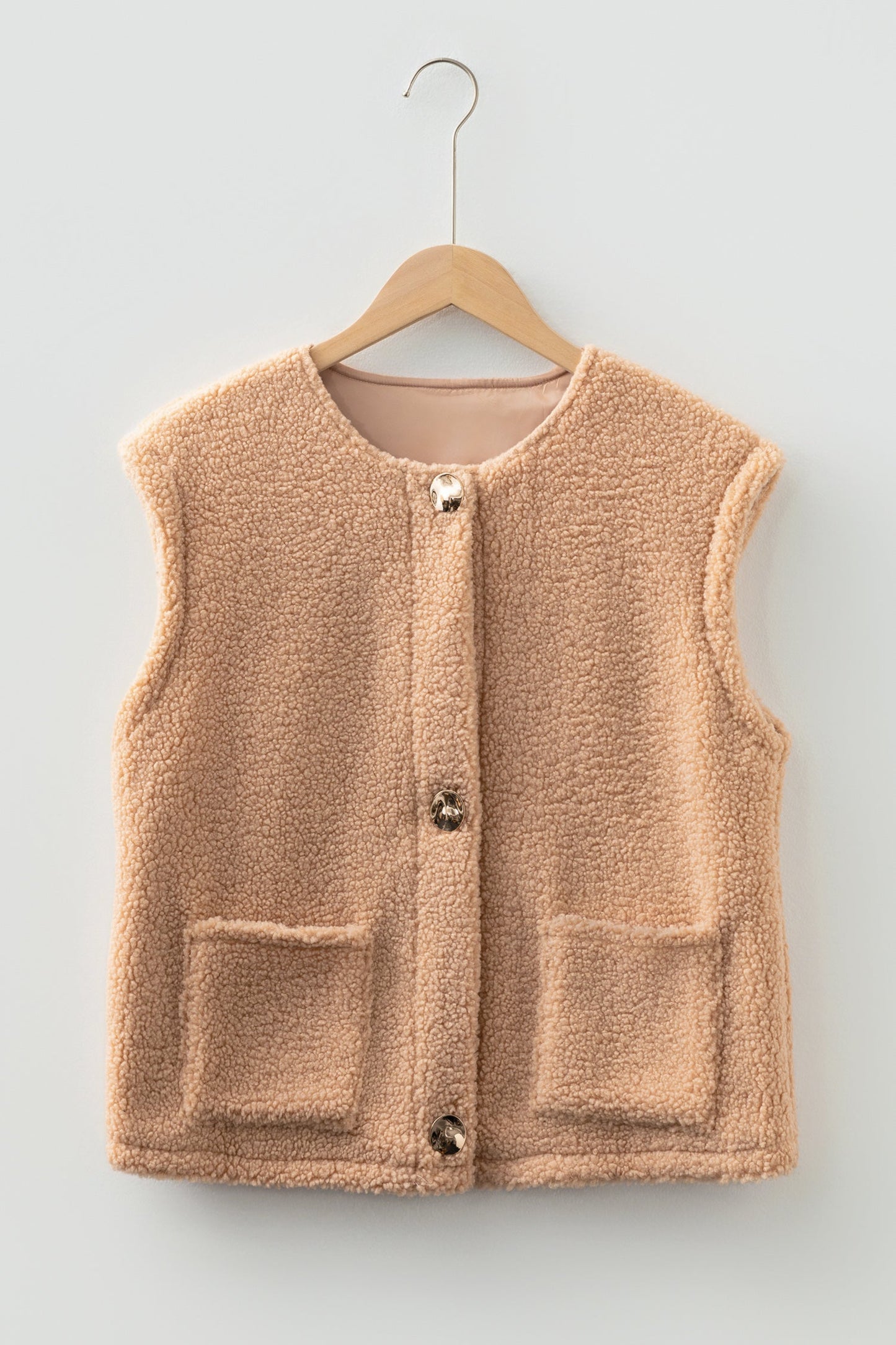 Light French Beige Fuzzy Pocket Vest Big Button Accent