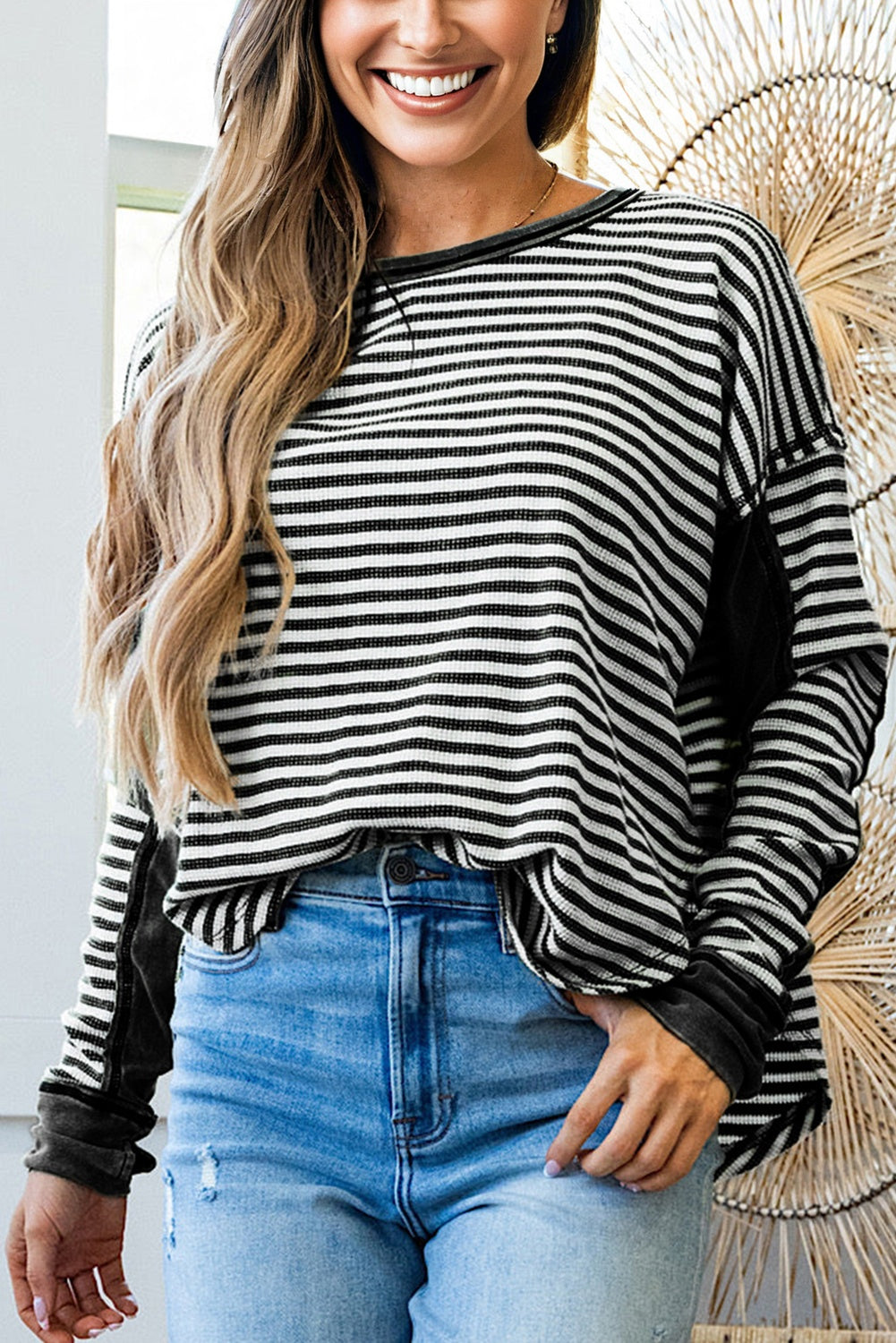 Khaki Stripe Thermal Knit Casual Top Drop Shoulder