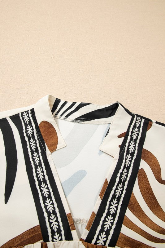 Abstract V-neck Puff Sleeve Blouse Loose Silhouette Blouse
