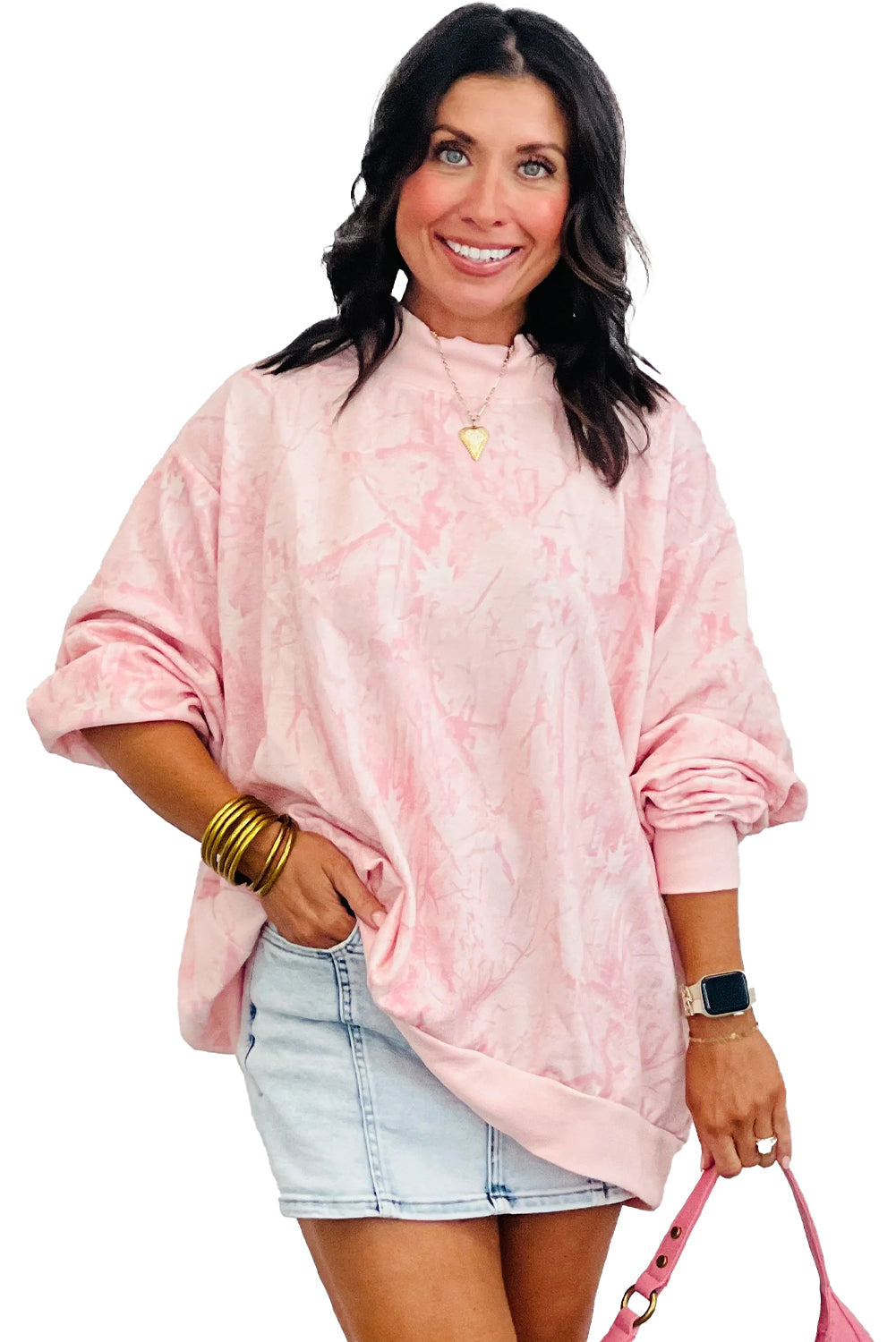 Khaki Camo Print Mock Neck Loose Sweatshirt