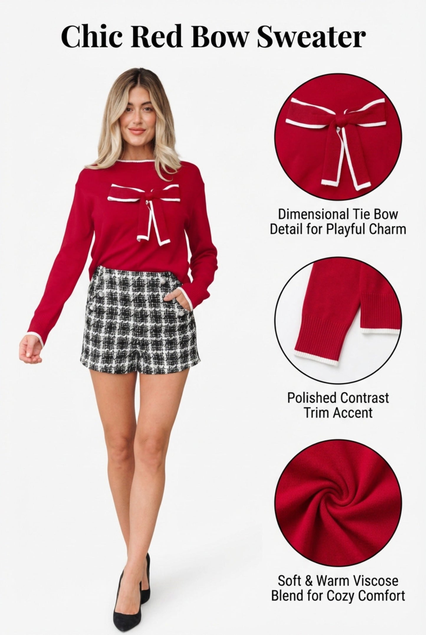 Fiery Red Contrast Trim Holiday Cropped Sweater with Big Bow Accent