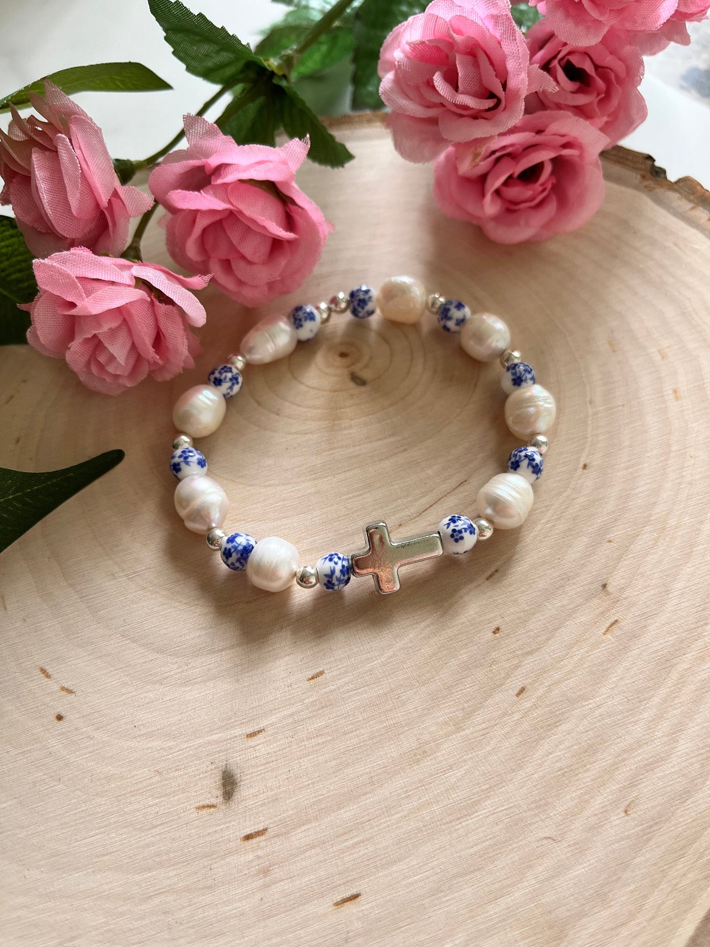 Floral Pearl Cross Bracelet Christian Jewelry for Women Saved By Christ Design