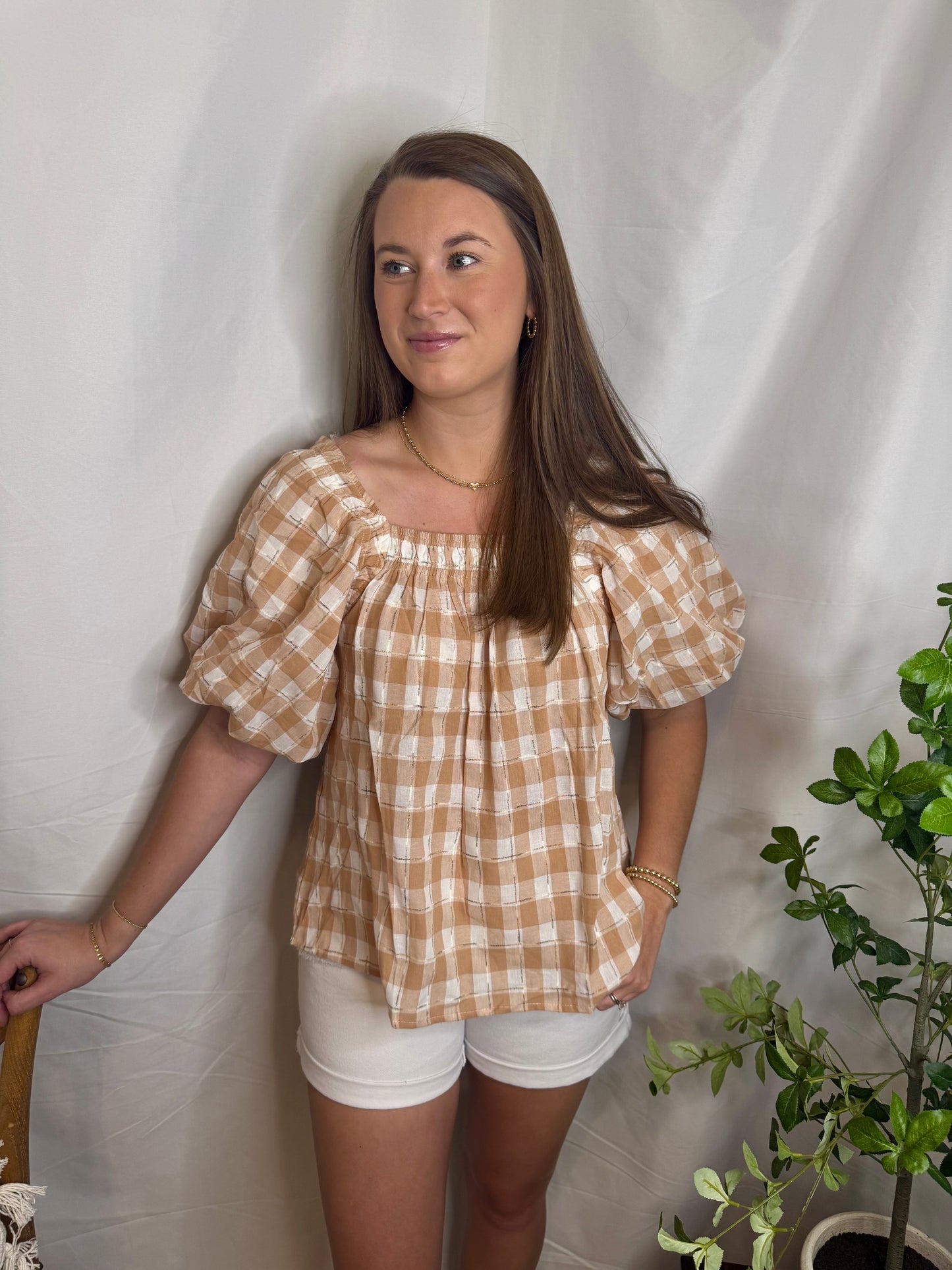Sand Checkered Top Blouse Sweet Jude Boutique