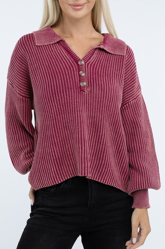 Washed Collared Henley Sweater Low Gauge Heavyweight Sweater