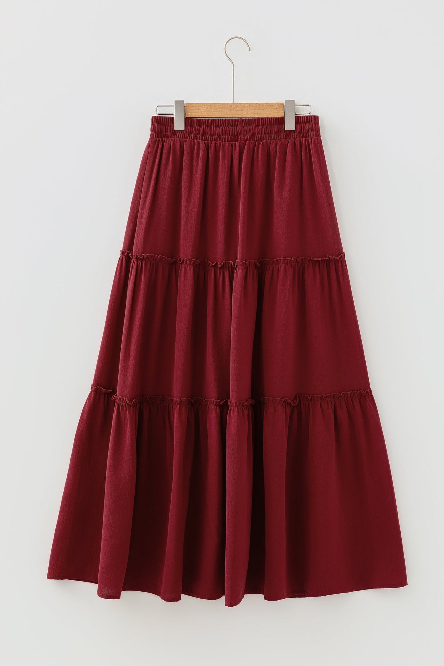 Fiery Red Black Frill Tiered Maxi Skirt Drawstring Waist